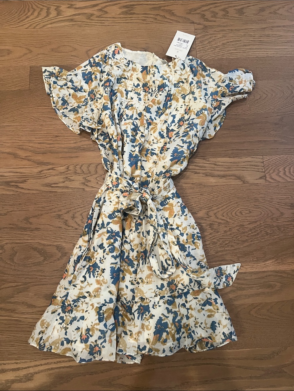 Cleobella Cream Floral Tie-Waist Midi Dress with Blue and Mustard Prints